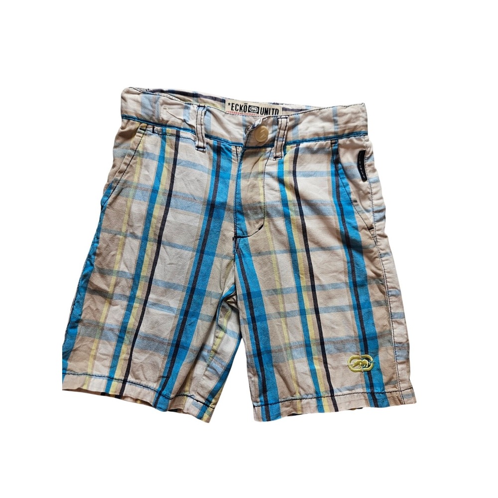 Ecko Unltd Boys Plaid Shorts Blue Tan Yellow Cotton Checkered Size 5